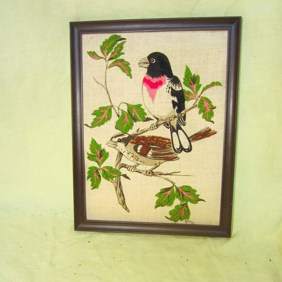 VTG FABRIC ART, HAND SEWN PAIR OF BIRDS ON BRANCHES - Picture 1 of 3